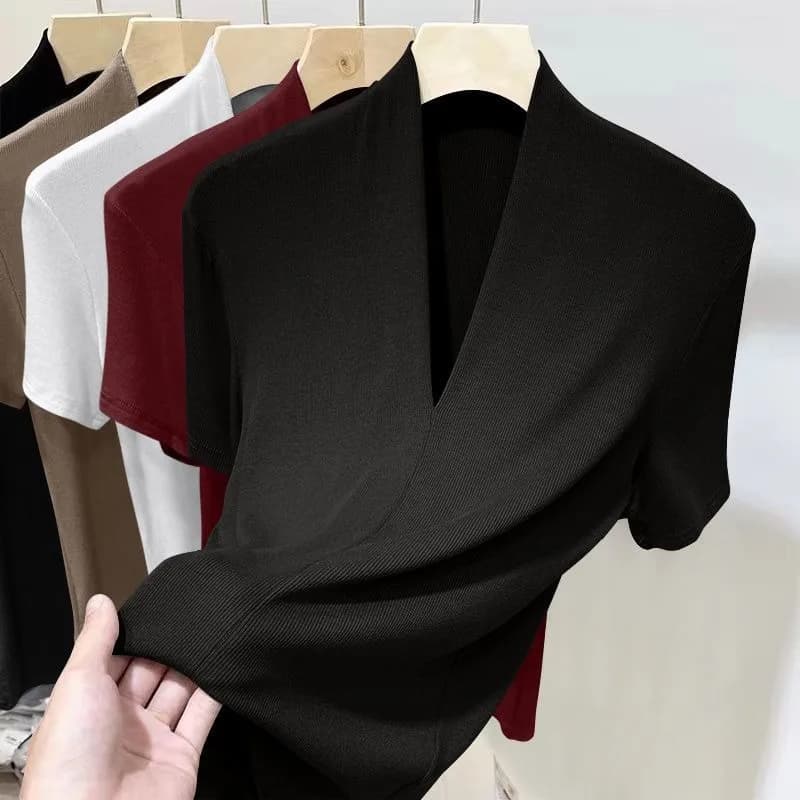 Nouveau T-shirt côtelé à manches courtes pour femme, mode estivale, polyvalent, col en V, coupe ajus
