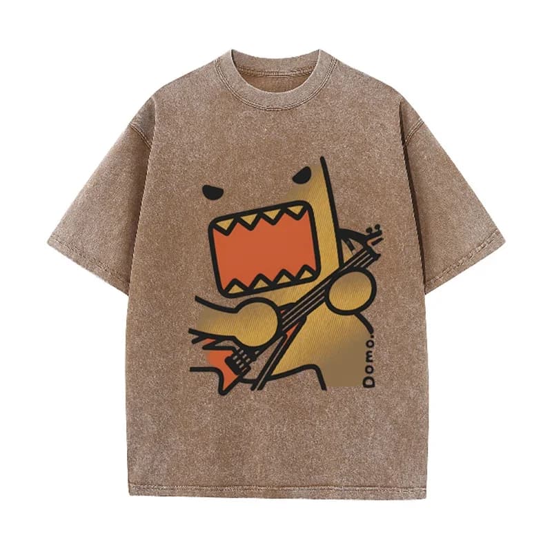 T-shirt décontracté marron délavé vintage avec imprimé graphique guitare rock Domo