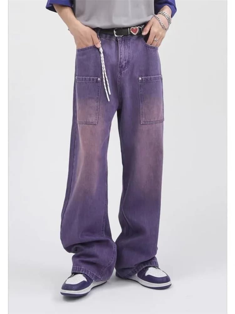Japonais hommes jean mode violet vert ample droit Vintage décontracté Streetwear Skateboard danse De