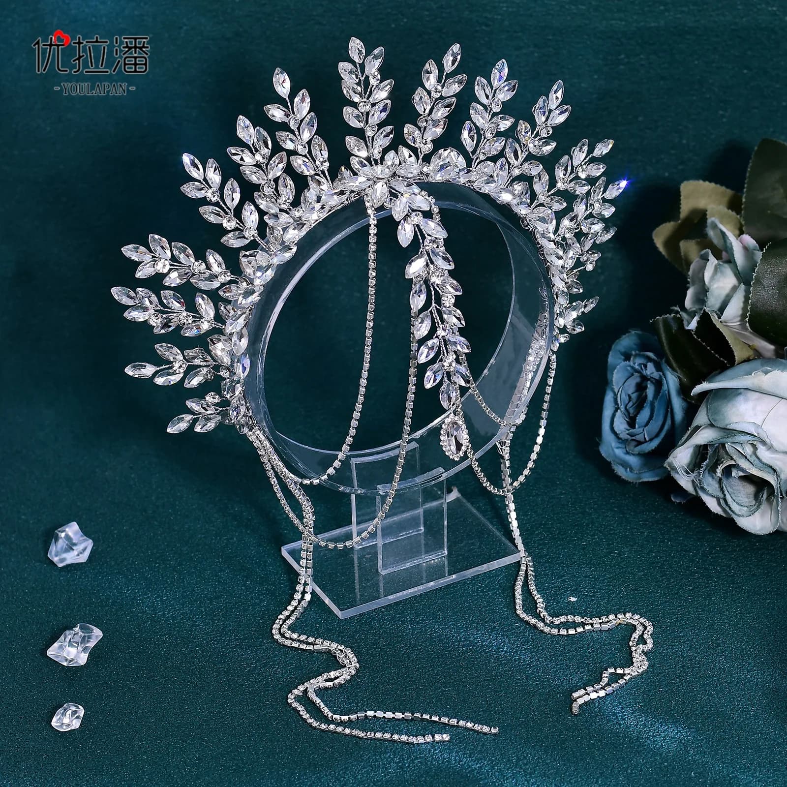 Bandeau couronne dorée Champagne, accessoire pour cheveux à pampilles longues pour mariées et fêtes,