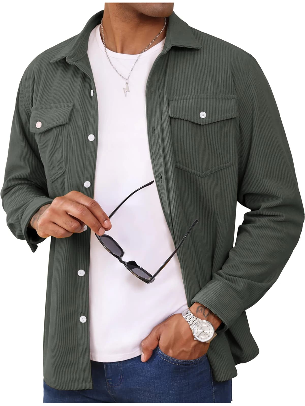 MAGCOMSEN Veste en velours côtelé pour homme à manches longues, chemise légère décontractée avec poc