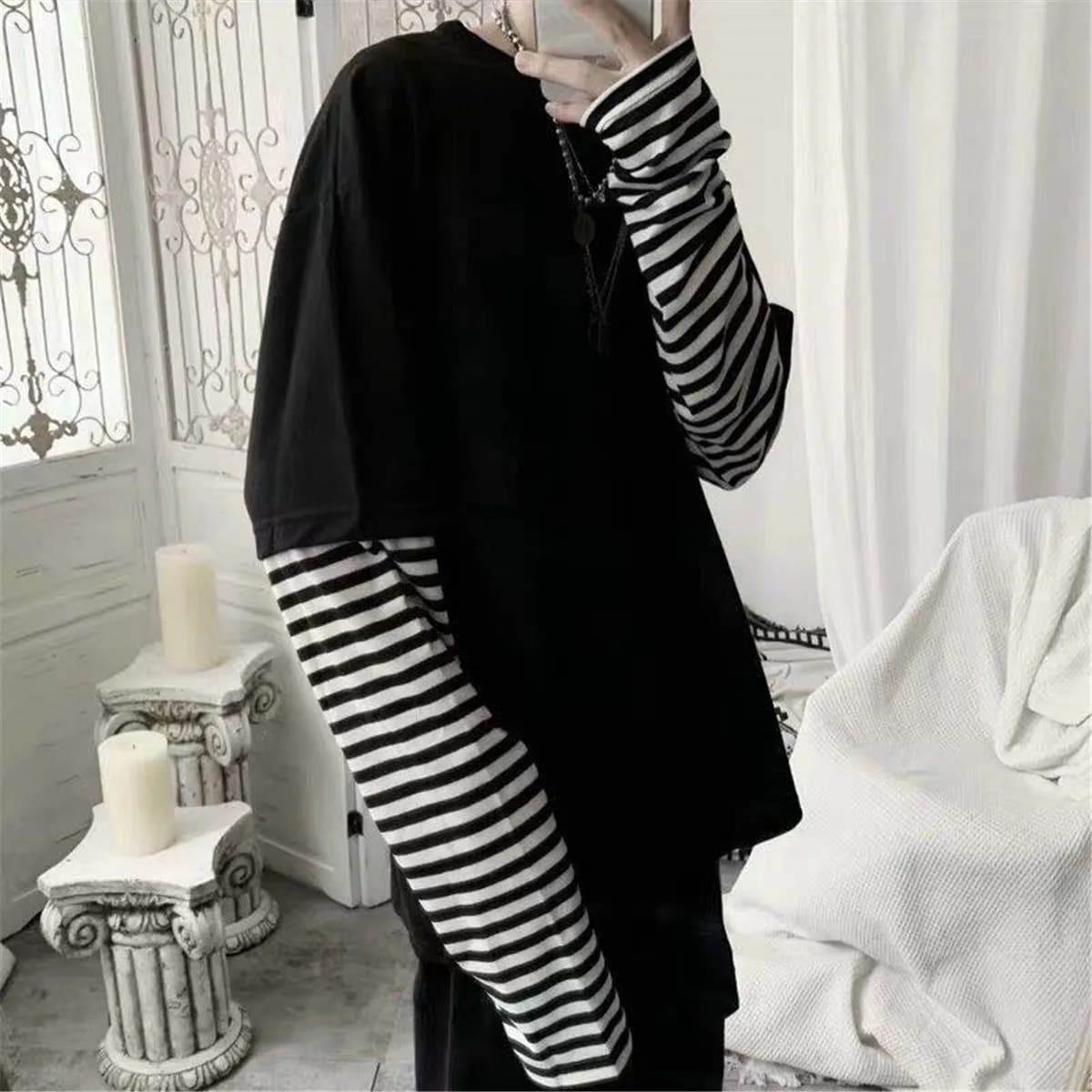 Cool rayé Patchwork T-Shirt hommes automne surdimensionné hauts garçons solide à manches longues T-S