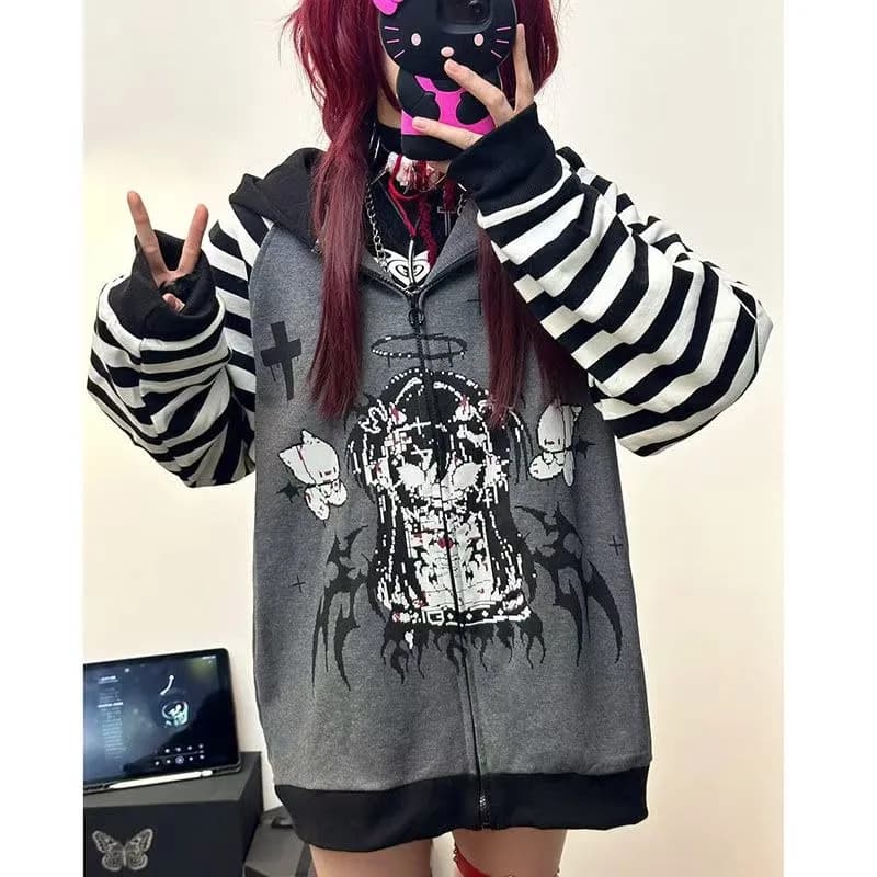 Sweats à capuche College Demon pour femmes, sous-culture japonaise, style punk, sweat à capuche rayé