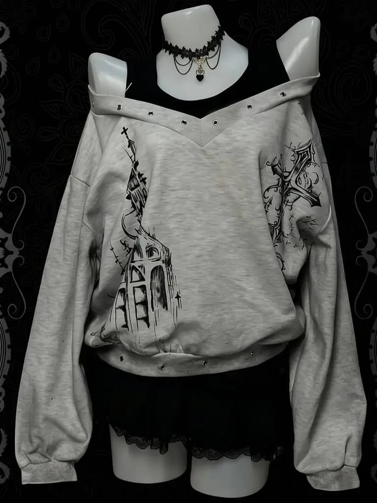 Sweat-shirt vintage punk rock à épaules dénudées pour femme, haut graphique streetwear à manches lon