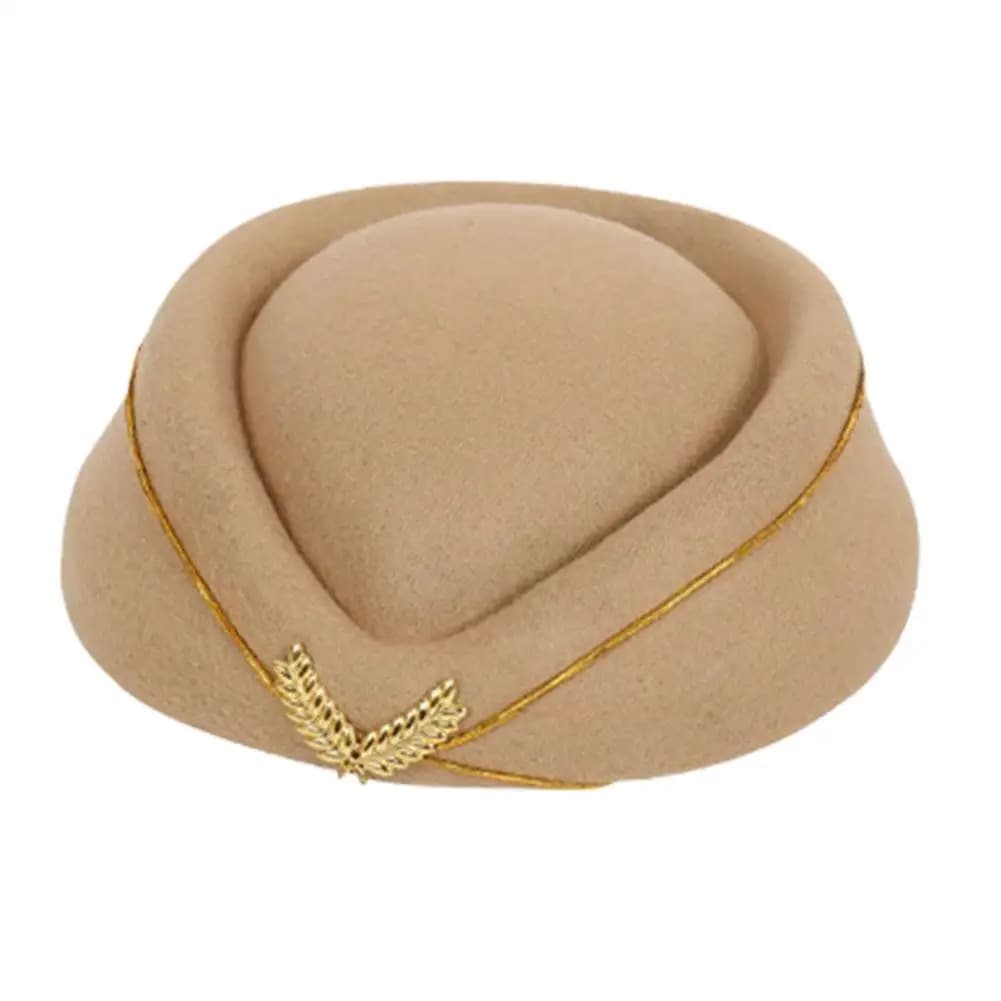 Béret en laine mélangée style hôtesse de l'air, chapeau d'agent de bord avec emblème couronne dorée,