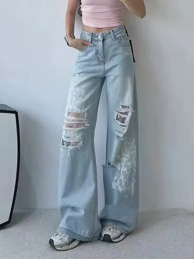 2025 Ropa Y2K mode lavé bleu Baggy dentelle empilé déchiré jean pantalon pour femmes vêtements droit