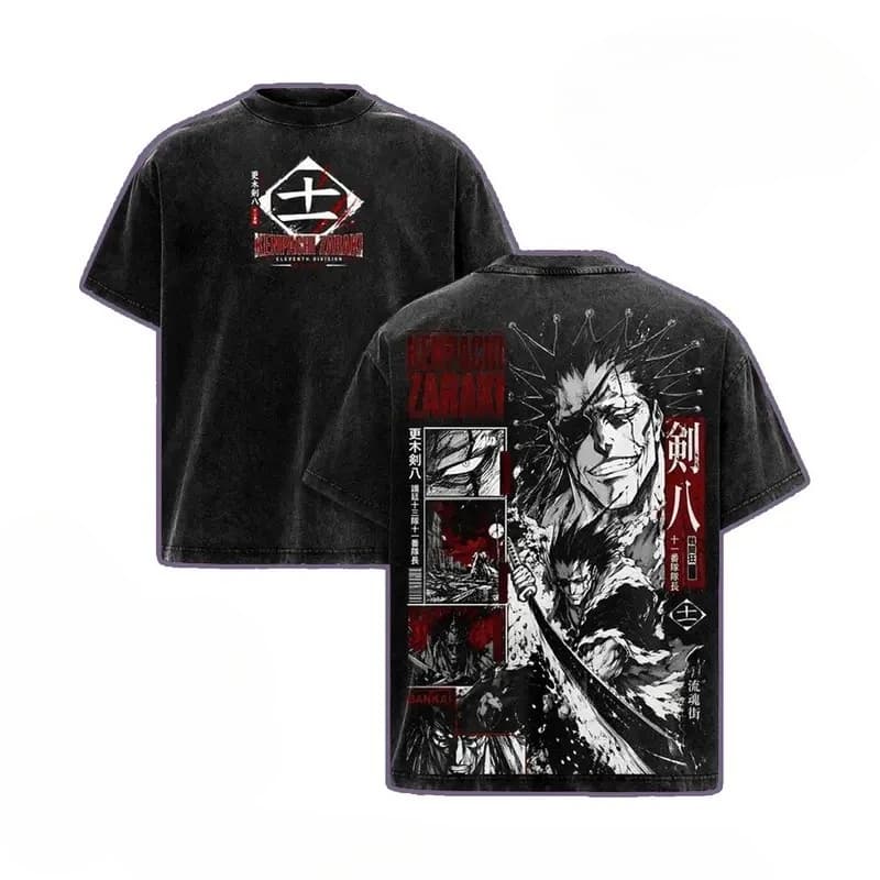T-shirt imprimé BLEACH Zaraki Kenpachi pour hommes et femmes, T-shirt rétro délavé, T-shirt en coton