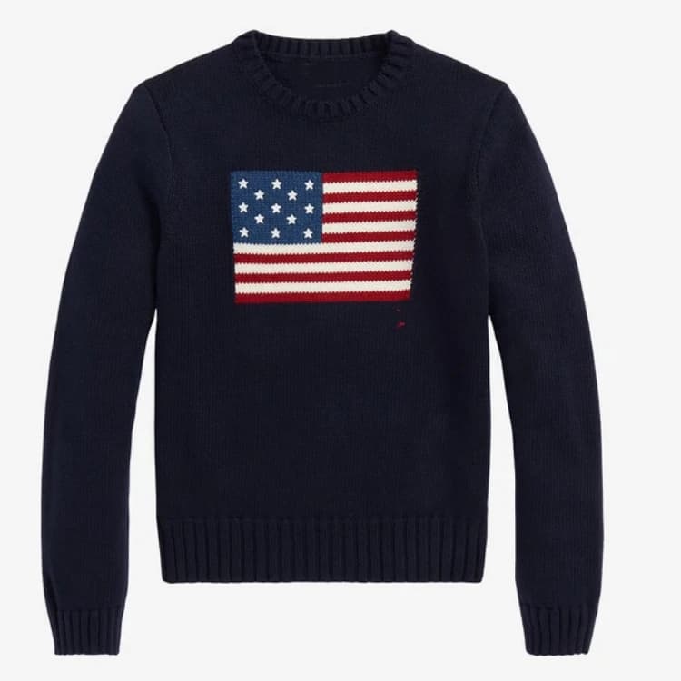 Pull en tricot classique blanc et bleu marine à col rond et manches longues avec drapeau américain p