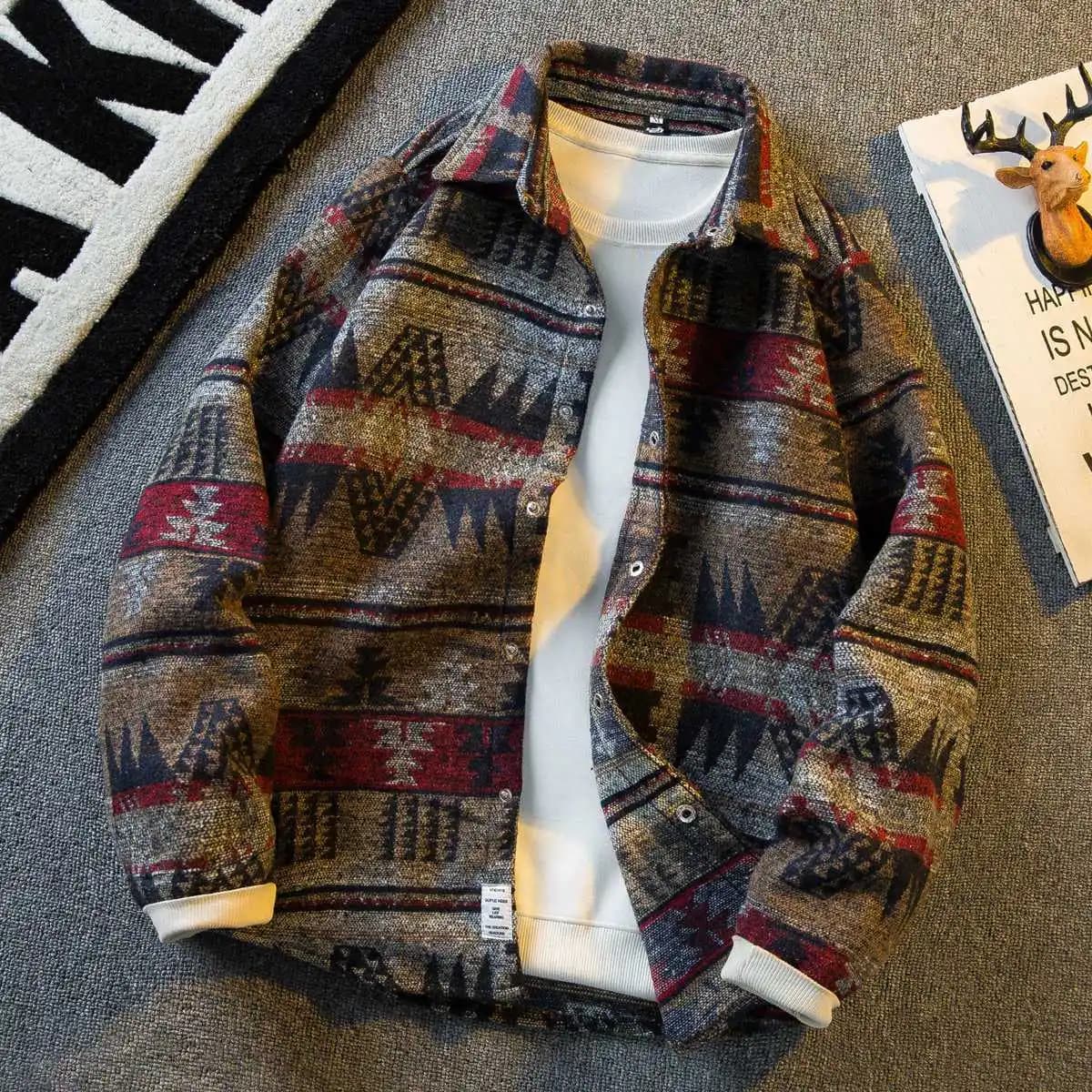Veste chemise amérindienne pour hommes, mélange de laine, manches longues, imprimé Tribal, vêtements