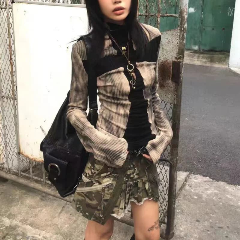 Mode Vintage t-shirts femmes Patchwork à manches longues maigre Streetwear Y2k Chic esthétique Grung