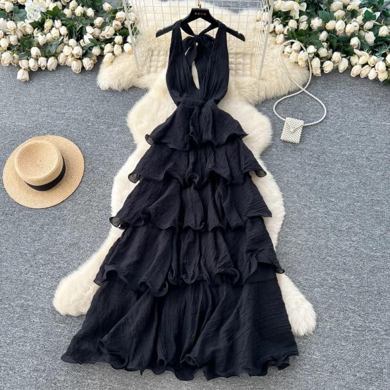 Robe Longue Halter Tendance pour Femme, Collection Été 2026, Sans Manches, Dos Nu, Col en V, Robe de