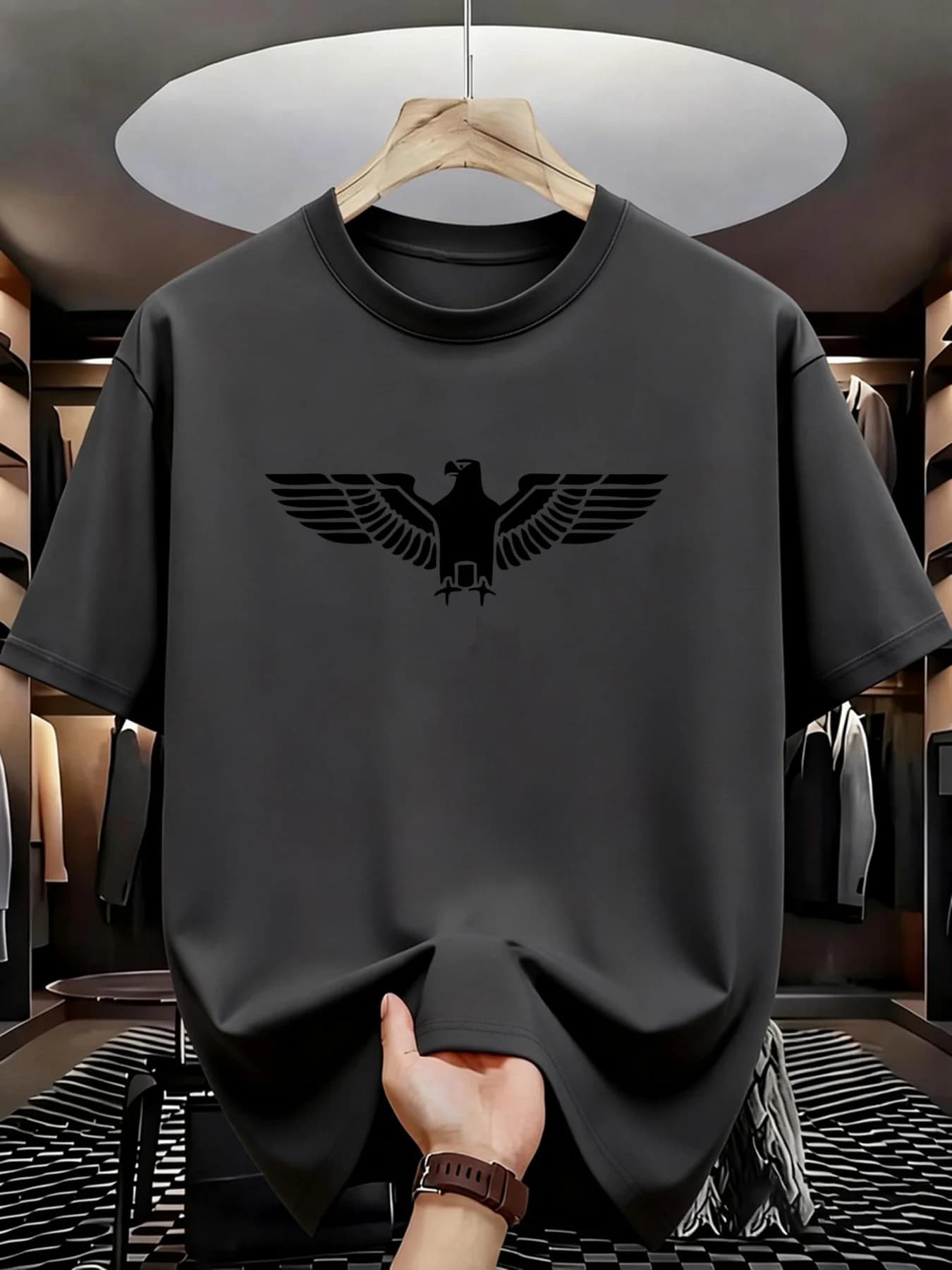 T-shirt à manches courtes à motif d'aigle, nouveau haut d'été pour adultes à col rond, style décontr