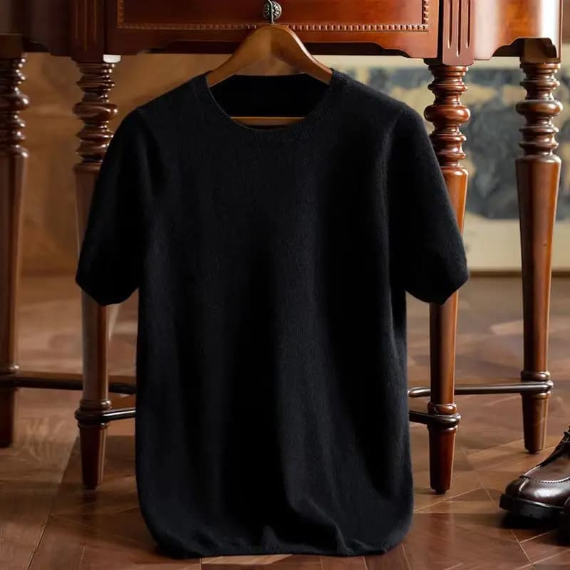T-shirt en laine mérinos super fine pour hommes, tricoté, col rond, respirant, cachemire fin, manche