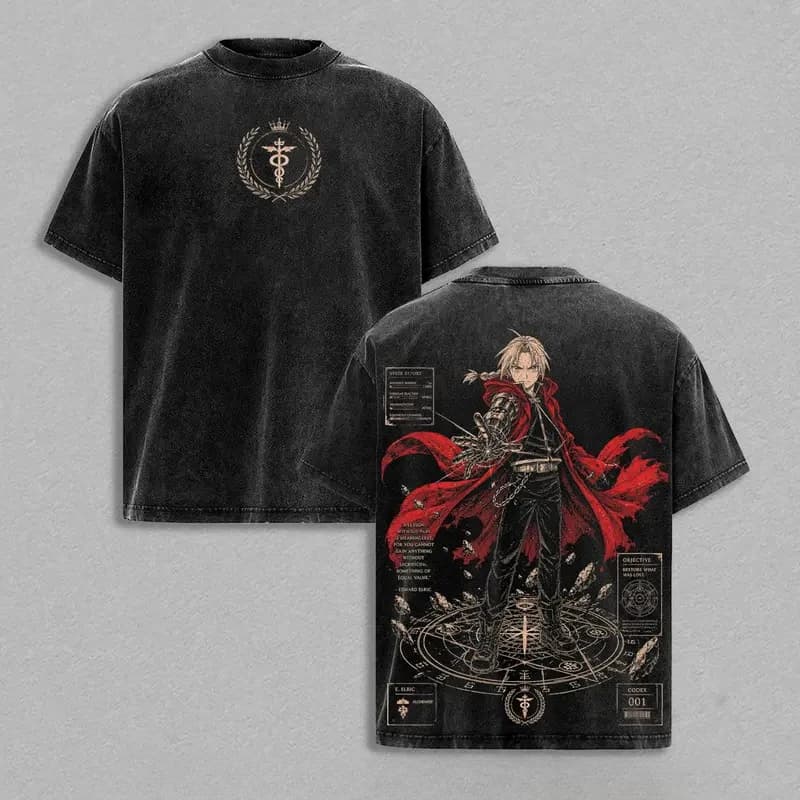 T-shirt Anime Fullmetal Alchemist Edward Elric pour hommes et femmes, en coton lavé, style rétro, su