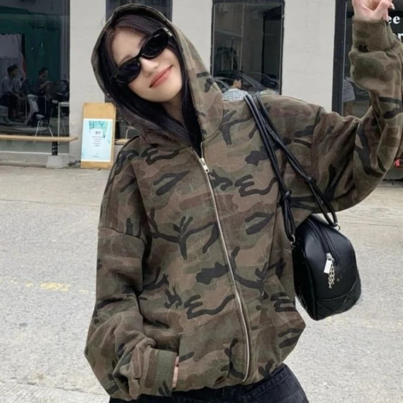 Sweat-shirt à capuche de Camouflage de Style rétro américain pour femme, veste d'automne décontracté