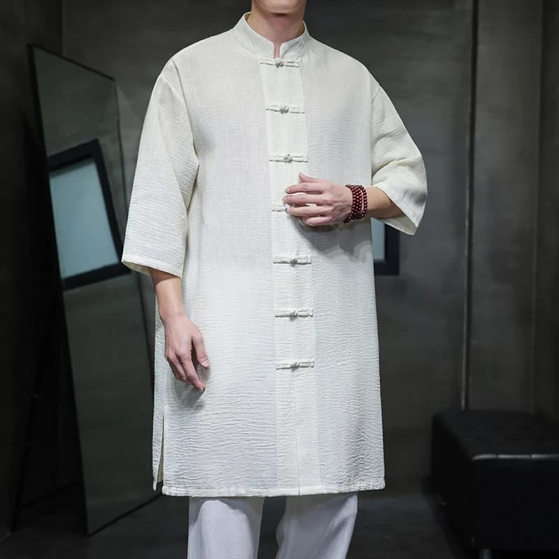M-XXXXXL 2025 été coupe ample Style chinois hommes longue coton lin chemise couleur unie grande tail