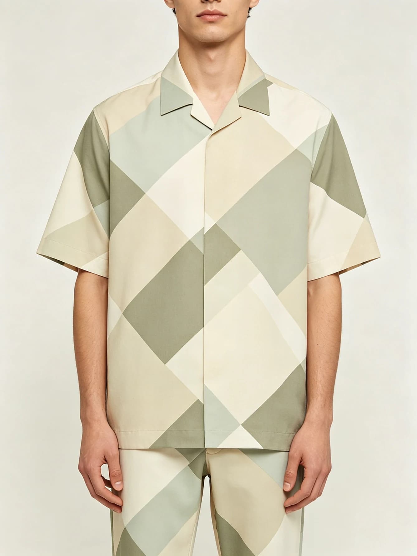 Chemise Homme à Col Cubain Manches Courtes Imprimé Géométrique Argyle Bloc de Couleurs Patchwork Ent