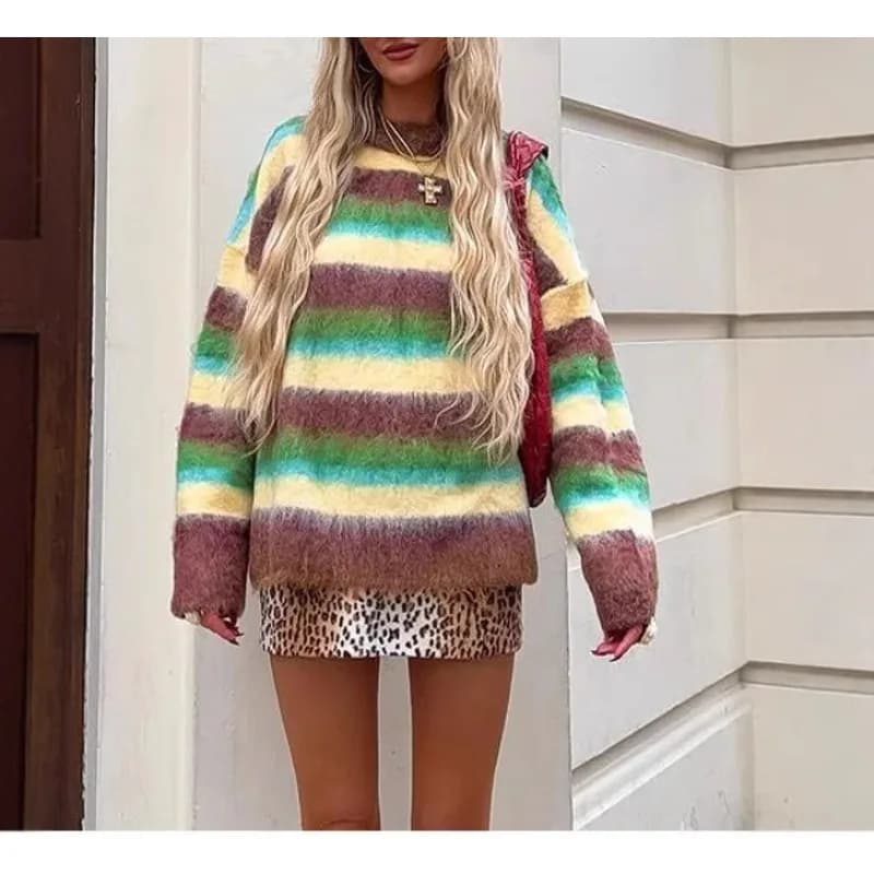 2025 automne et hiver vêtements pour femmes confortable et décontracté couleur col rond rayé pull tr