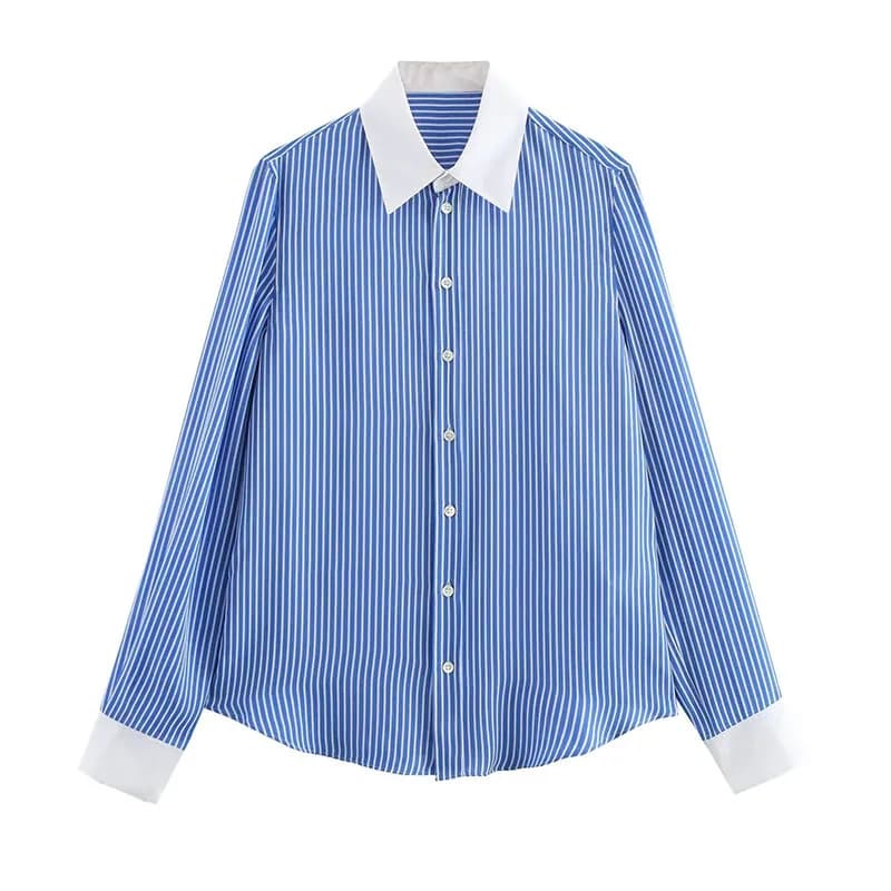 Chemises à rayures bleues pour femmes, chemisiers à revers en Patchwork à simple boutonnage, à manch
