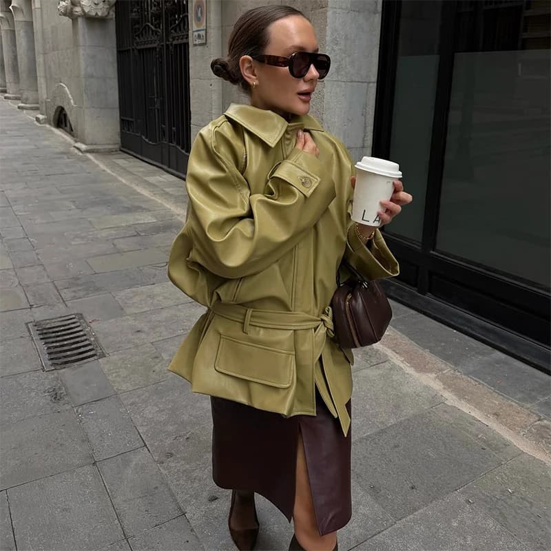 Veste surdimensionnée en cuir PU vert Olive pour femme, col montant, ceinture auto-cravate, poches,