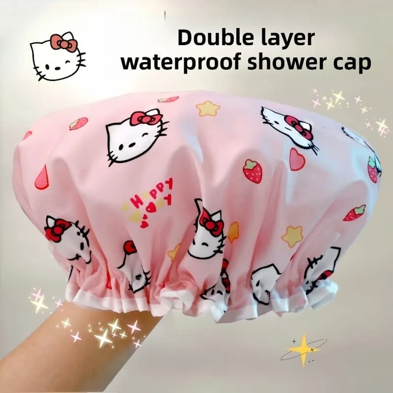 Bonnet de douche imperméable à double couche imprimé Hello Kitty, bonnet de douche réutilisable à mo