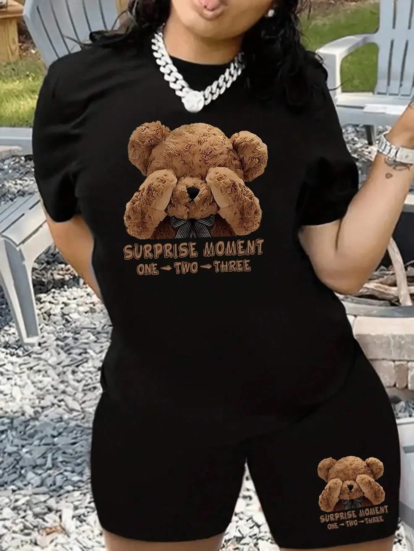 Surprise-Ensemble de T-Shirt et Short en Coton Respirant pour Femme, Vêtement à Col Rond, Motif Ours