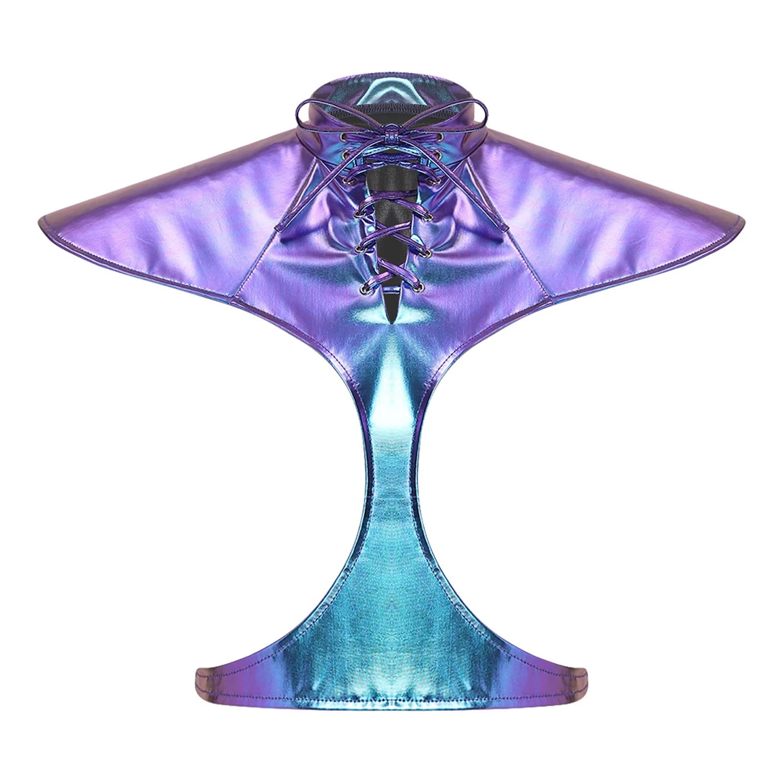 Haut court holographique pour femme, style rave, avec col lacé, manches volantées, col montant, effe