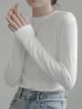 T-shirt à manches longues en coton blanc pour femme, vêtement de couleur pure, sans doublure