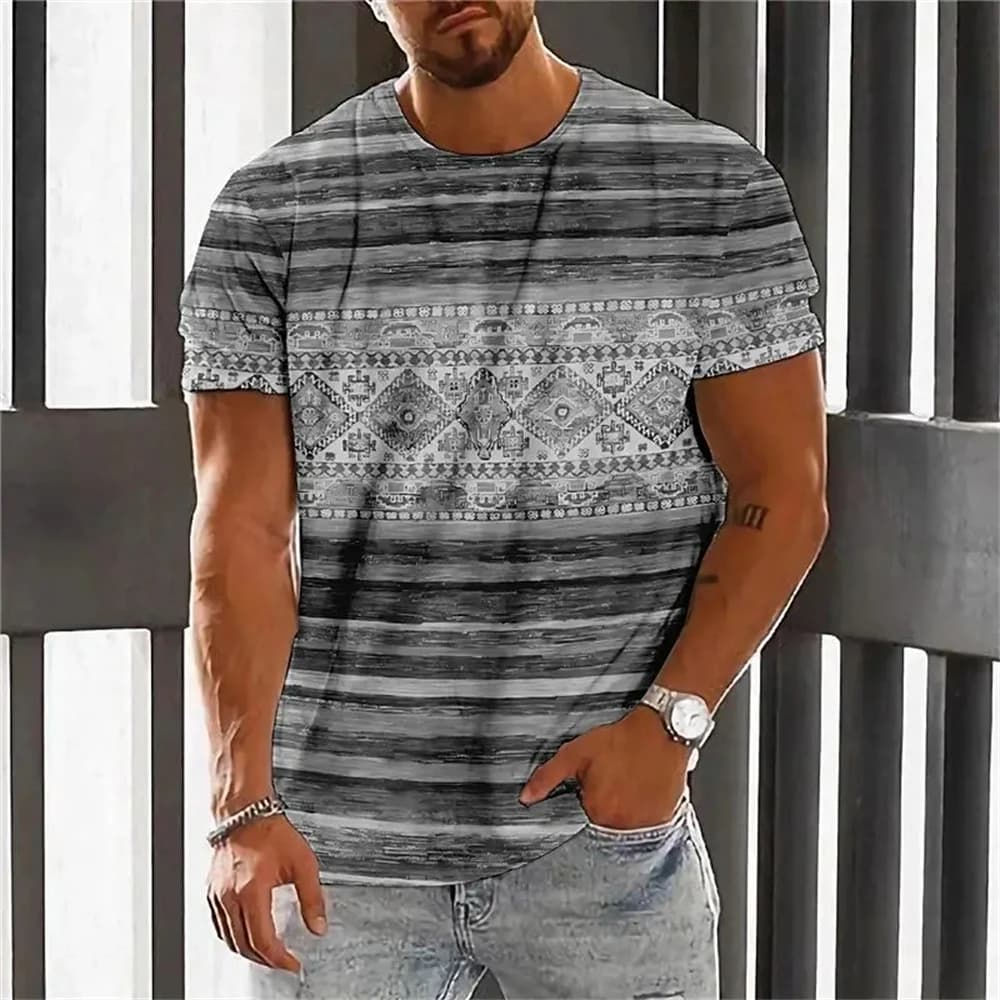 Bohème impression 3D T-Shirt pour hommes ethnique col rond manches courtes hauts géométrique Harajuk