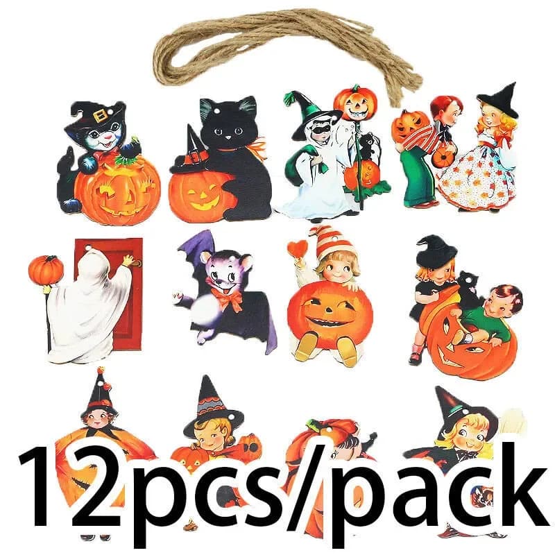 (12 pièces/paquet) accessoires en bois de sorcière d'halloween, motifs de citrouille peints, décorat