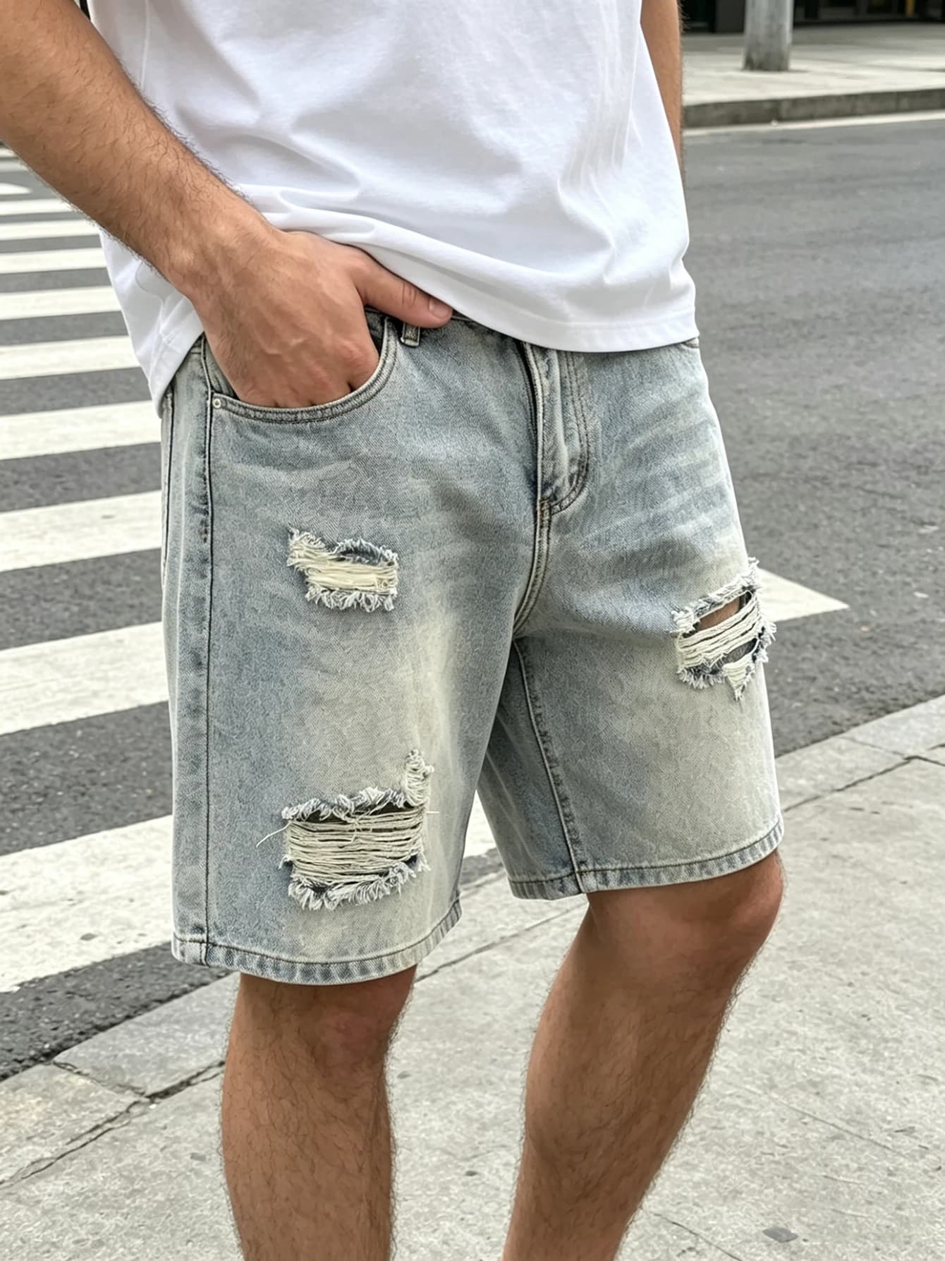 Shorts en jean déchirés et délavés pour hommes – Style décontracté