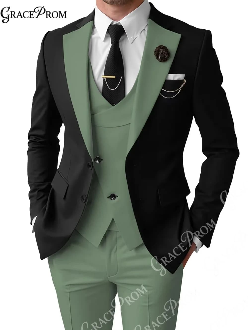 Costume 3 pièces homme tendance noir et vert foncé contrastant 2026 – Ensemble blazer, gilet et pant