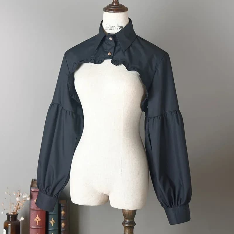 T-shirt manches longues bouffantes pour femmes, haut court, chemisier, bouton à volants, col étalé d