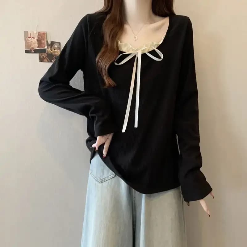 T-shirt deux pièces en velours allemand à manches longues pour femme, faux nœud, automne et hiver