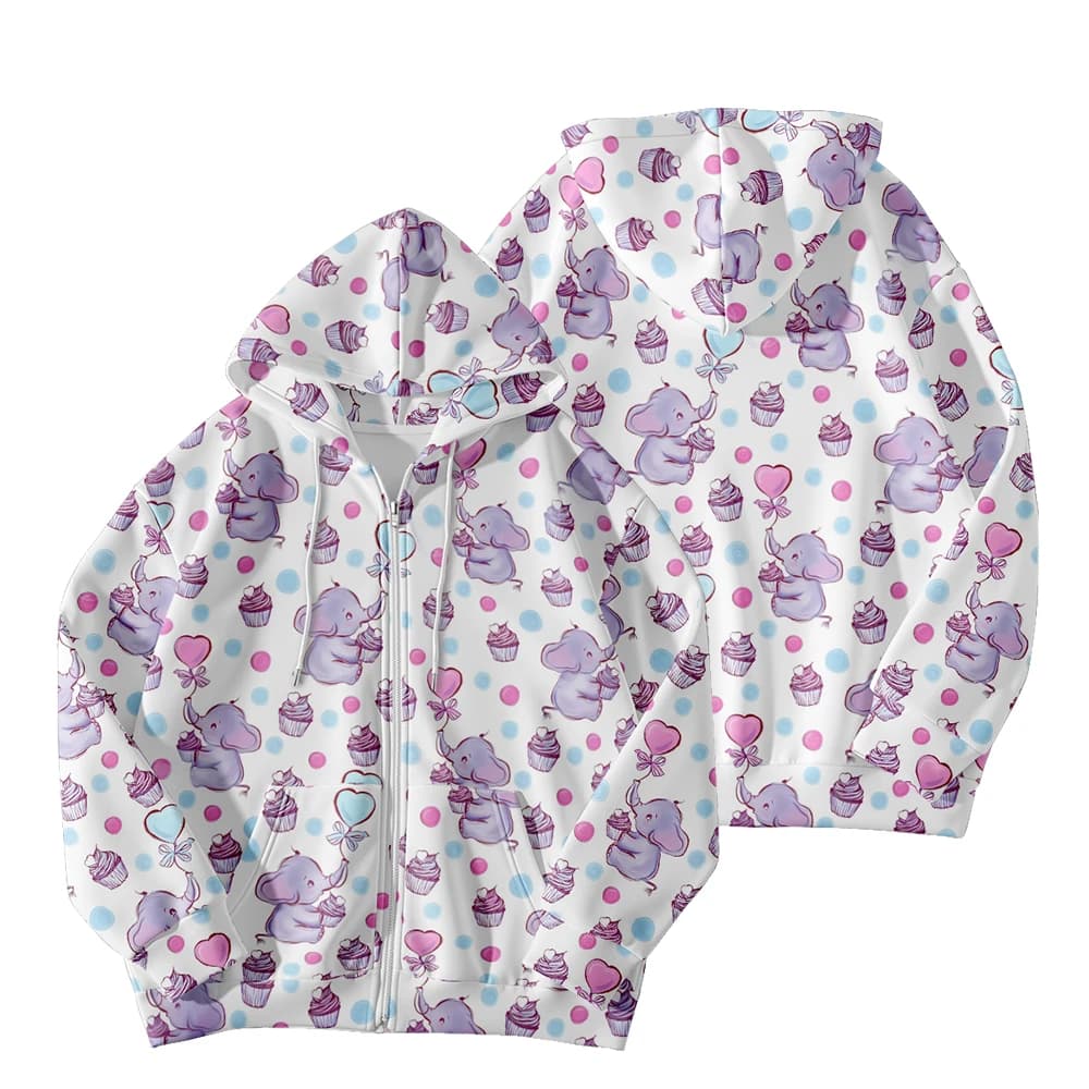 Dessin animé Adorable chien coloré chaton doux violet éléphant tout-over imprimé sweat à capuche ave