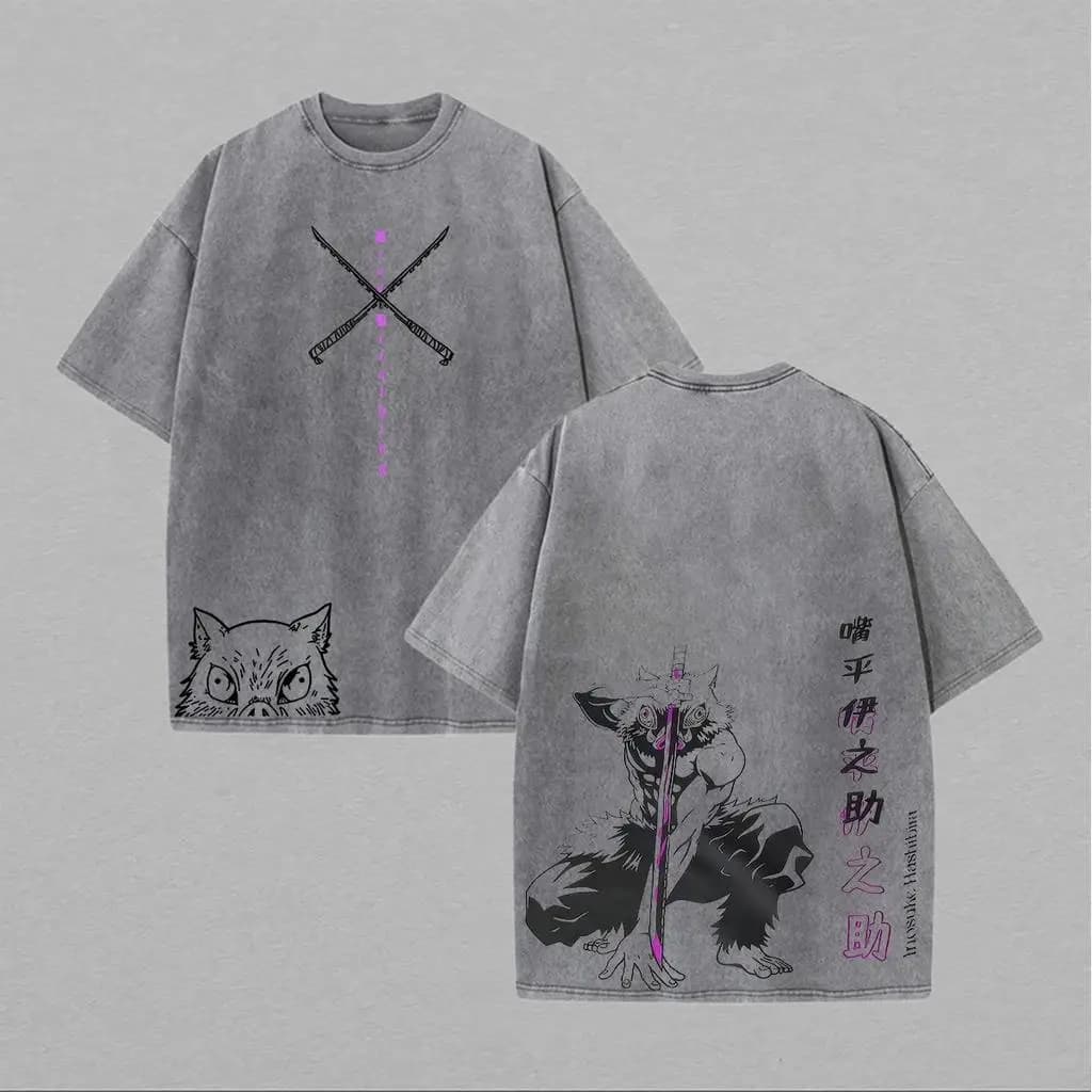T-shirt graphique Inosuke Demon Slayer, manga japonais, en coton lavé, pour hommes et femmes, vêteme