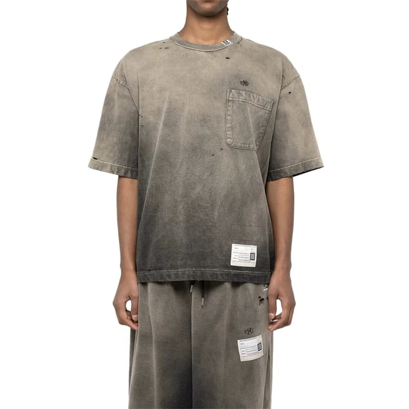 T-shirt à manches courtes pour hommes, col rond dégradé délavé, rétro, décontracté, ample, pour homm