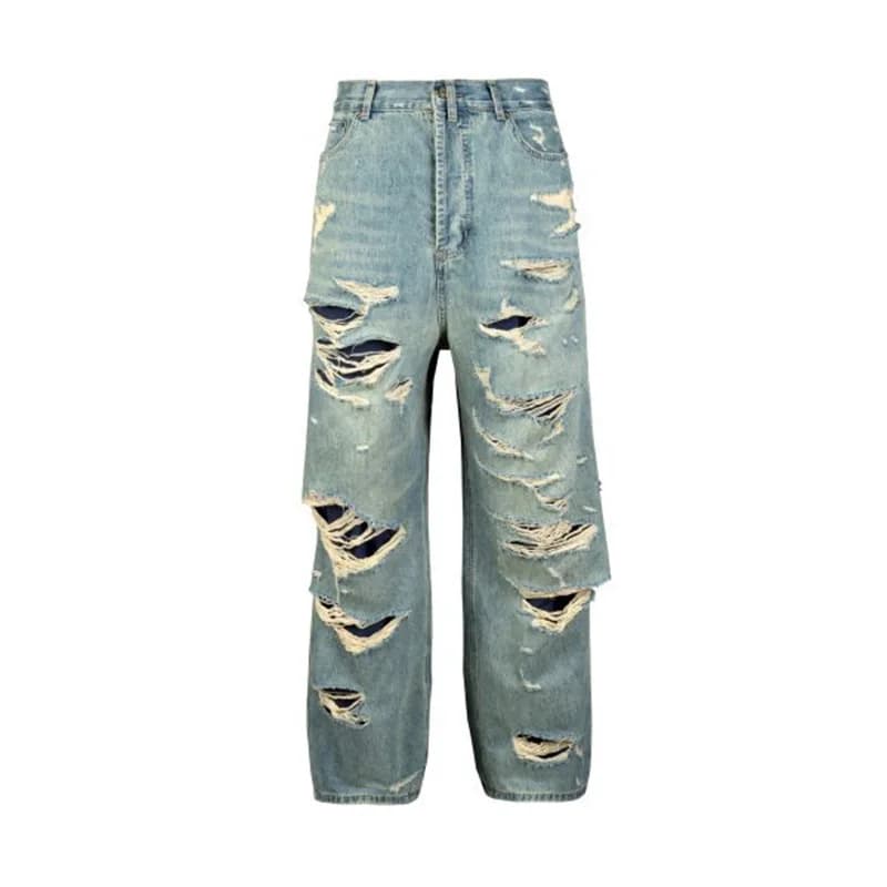 Jean à jambes droites pour hommes, Streetwear Hip Hop bleu endommagé, détruit, déchiré, moustaches d