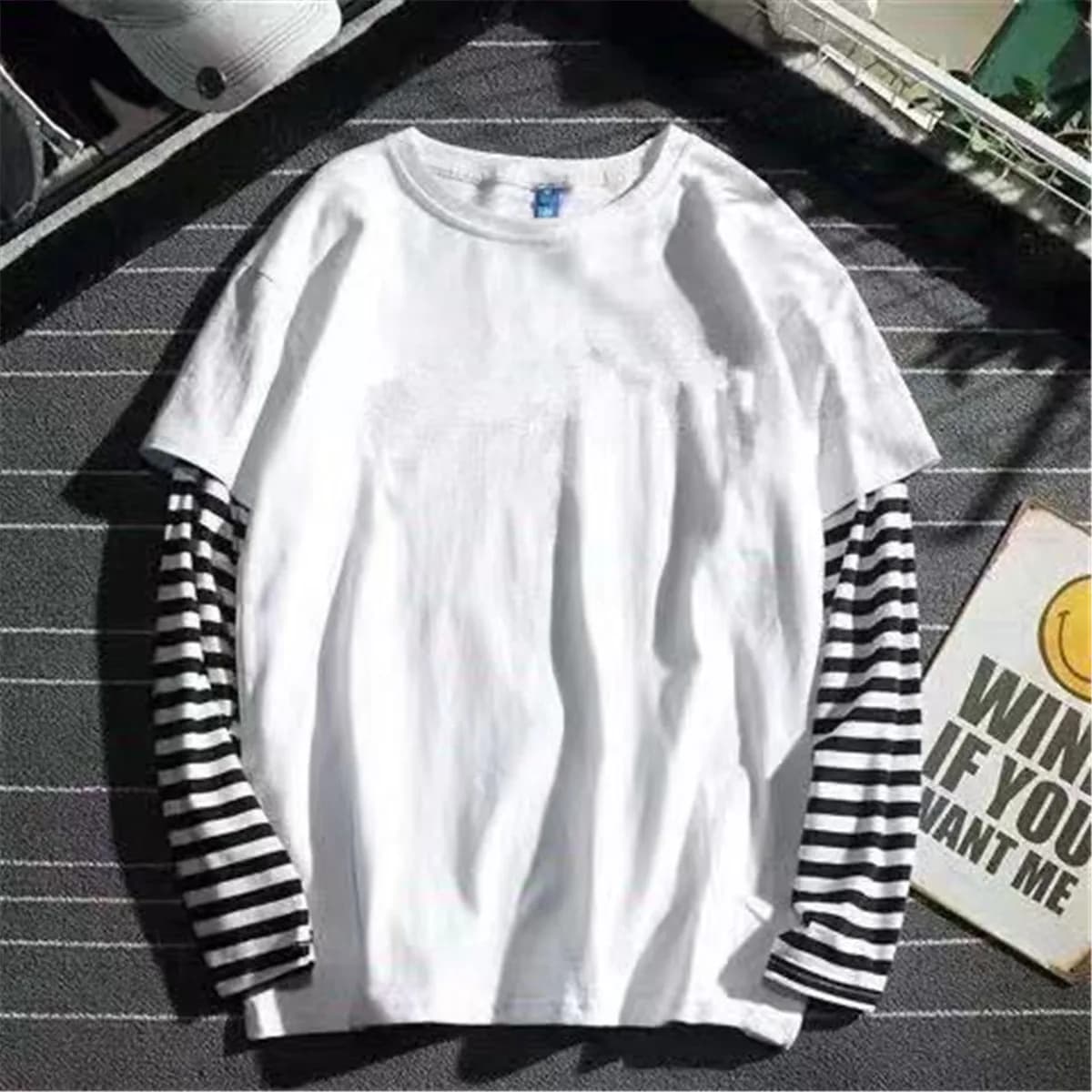 T-shirt rayé patchwork cool pour homme, hauts oversize d'automne, t-shirt uni à manches longues pour