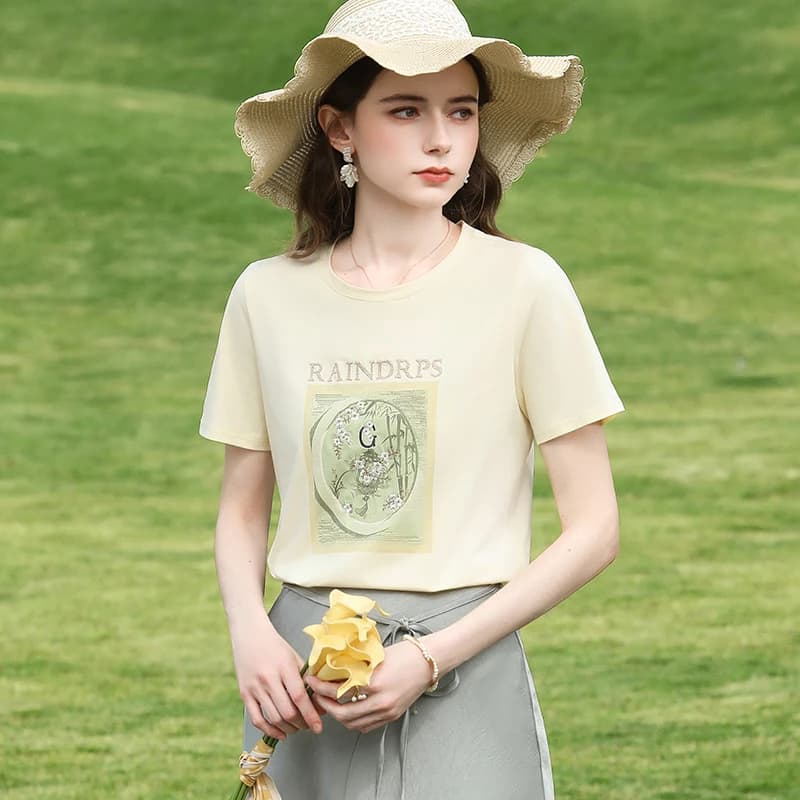 I BELIEVE YOU T-shirt à broderie florale jaune clair pour femme, haut décontracté d'été en coton fra