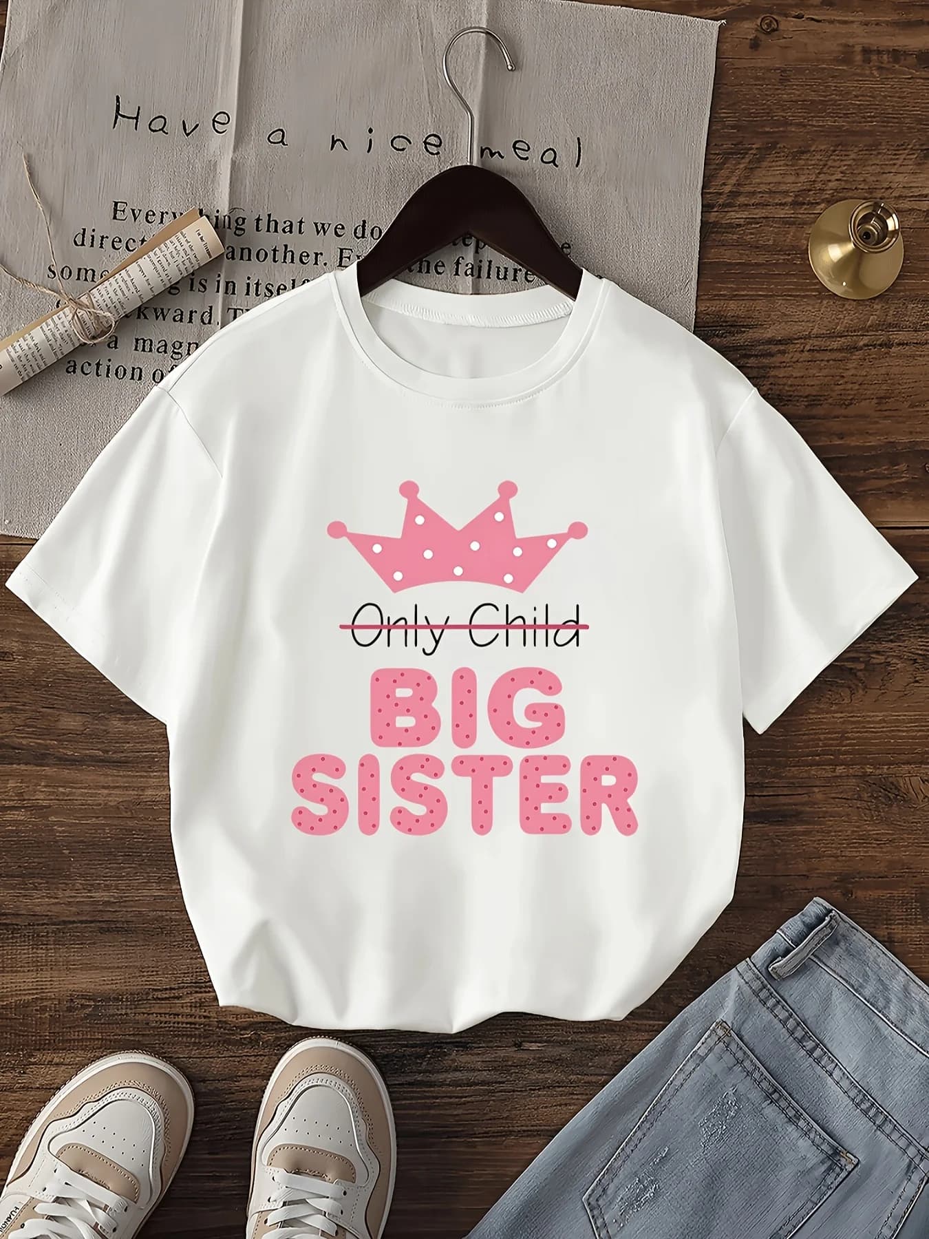 T-shirt en coton pur à col rond tendance pour fille 2026 avec inscription « Grande Sœur !» Imprimé c