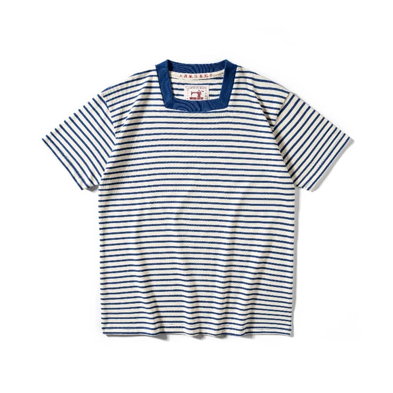 T-shirt rayé à col carré original, T-shirt pour hommes en pur coton lourd, chemise rétro lavée avec