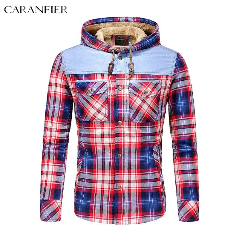 CARANFIER hommes 100% coton veste à carreaux épais chaud hiver velours côtelé chemises à capuche mâl
