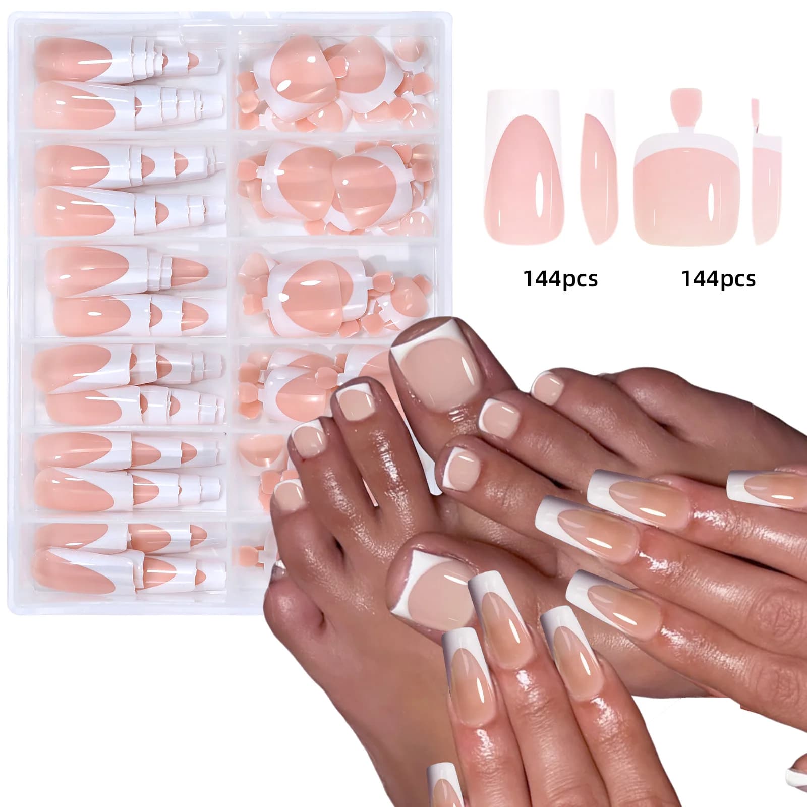 Ensemble d'ongles français pour les mains et les pieds, 144 pièces, court, carré, brillant, faux ong