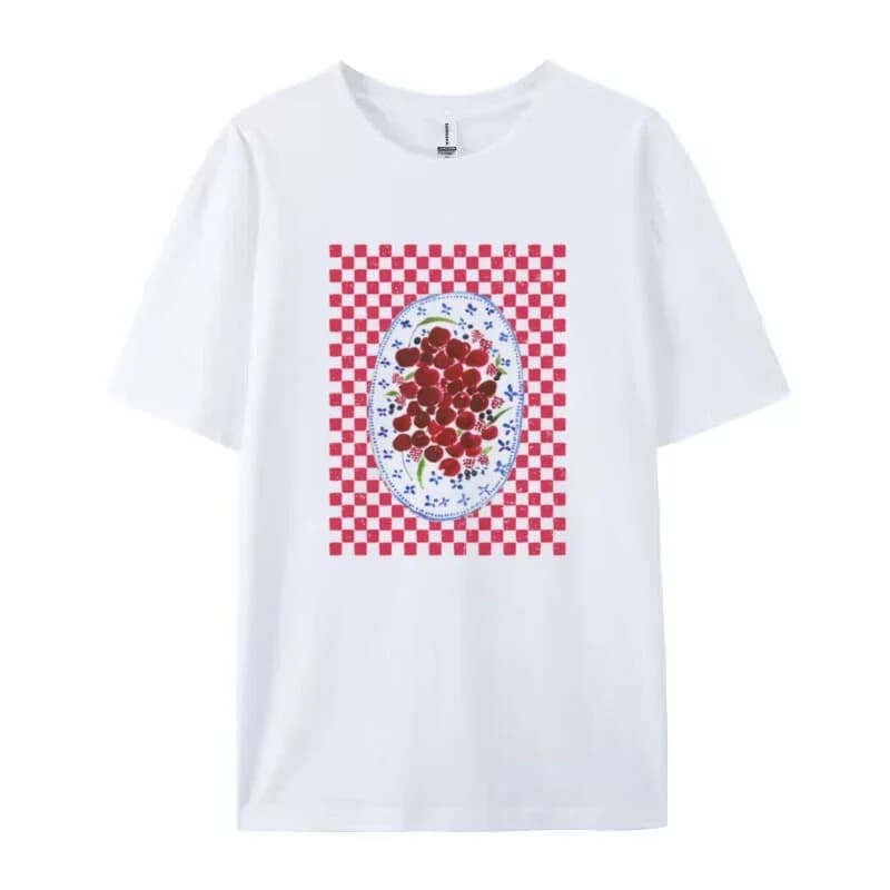 Trendy Female Retro Aesthetic Cherry Print T-shirt Summer Ins Cute Fruit Cotton Loose Women Fashion