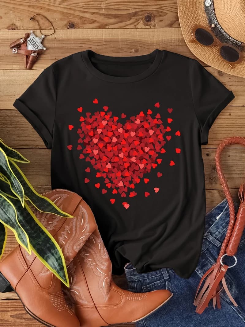 Coeurs rouges t-shirt femmes saint valentin amoureux T-shirts décontracté col rond doux hauts bases