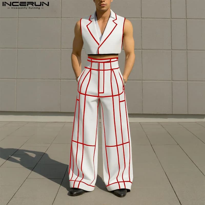 INCERUN hommes ensembles Patchwork revers sans manches gilets courts et pantalons à jambes larges de