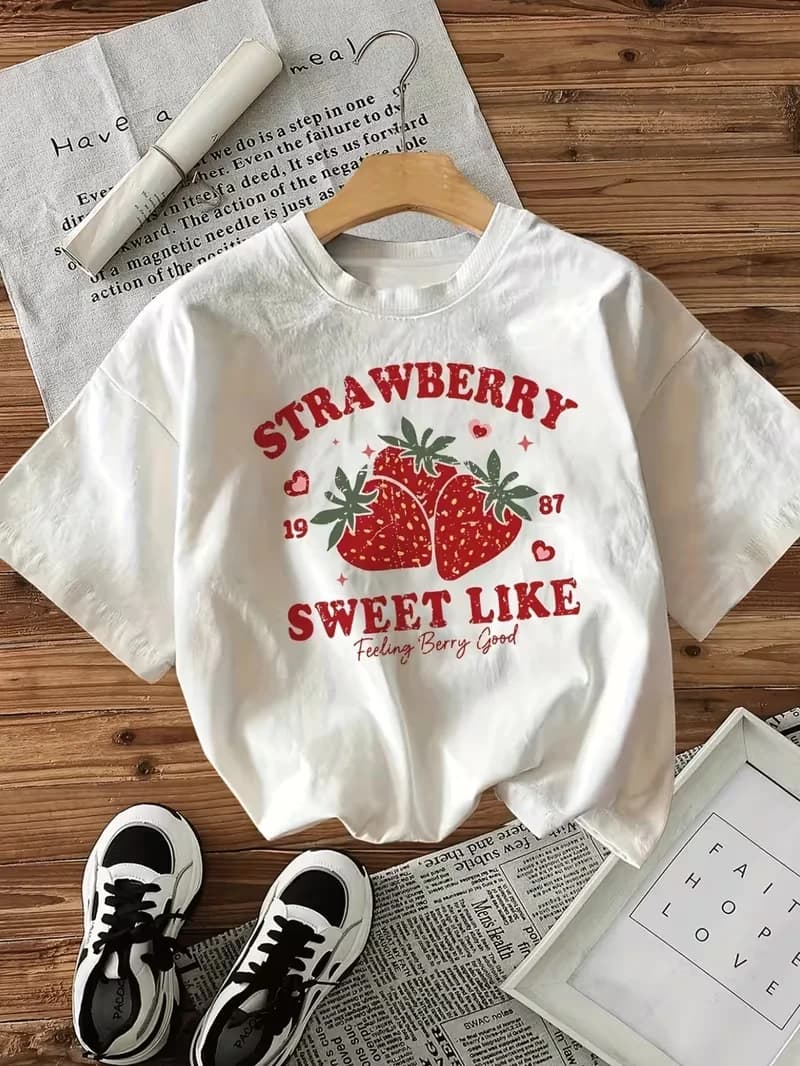 T-shirt vintage à motif fraise pour femme, haut décontracté à col rond et manches courtes avec impri