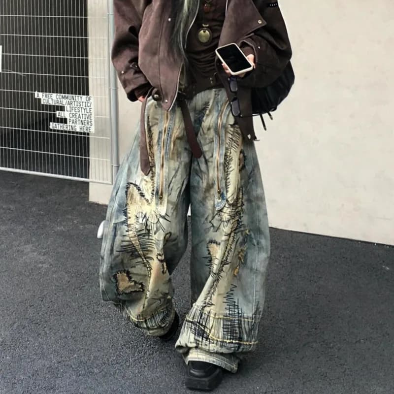 Pantalon en Denim brodé de Style American Street Destruction, surdimensionné, rétro, lavage, personn