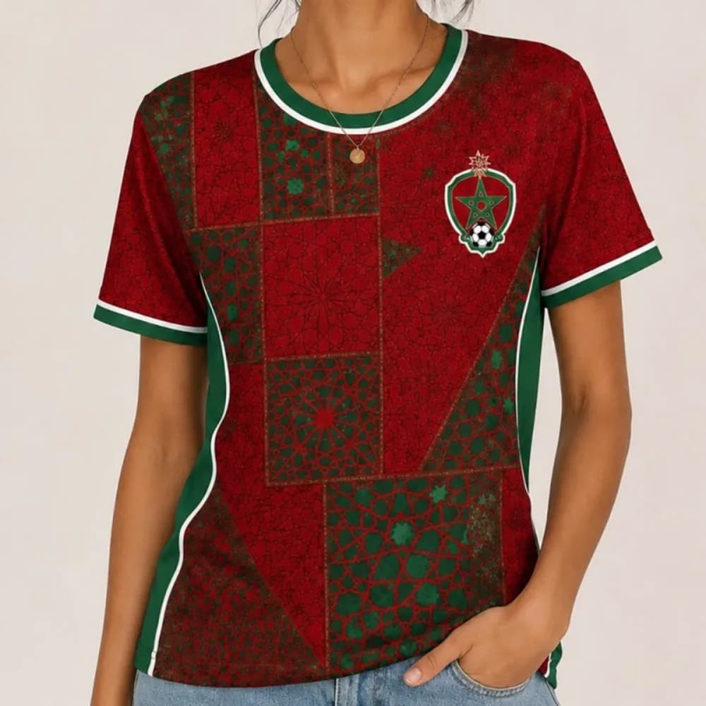 Nouveau T-shirt de football rouge de l'équipe nationale du Maroc 2026 pour femmes et hommes, col ron